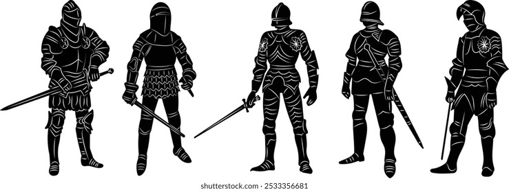 knights with swords set silhouette, vector on white background