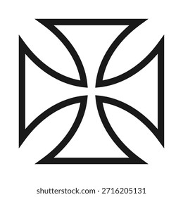 Símbolo de forma de vetor cruzado de modelo Knights. Símbolo de cruz maltês do cristianismo. Textura grunge. Ícone da religião cristã. Logótipo ou imagem da fé católica e protestante. Rótulo de cruzado teutônico. Crucifixo de cruzada gótica.