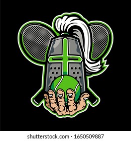 knights tennis team mascot holding ball with crossed racquets for school, college or league