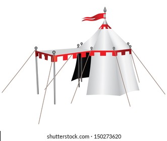 Knight's tent with a canopy in front of the entrance. Vector illustration.