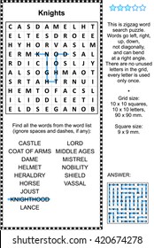 Knights themed zigzag word search puzzle (suitable both for kids and adults). Answer included.
