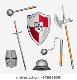 Las armas de Caballero. Armas y armaduras de un guerrero medieval. Ilustración de vector