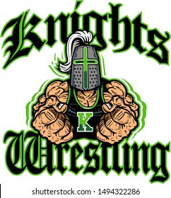 knights wrestling team design with muscular mascot for school, college or league