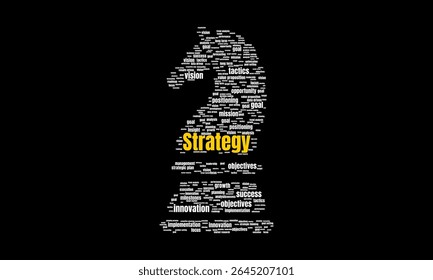 Knight-Shaped Estratégia Word Cloud com Negócios, Marketing e Planejamento Conceitos em Preto Fundo