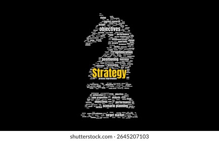 Knight-Shaped Estratégia Word Cloud com Negócios, Marketing e Planejamento Conceitos em Preto Fundo