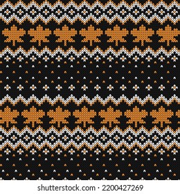 Knit autumn texture with maple leaves seamless pattern. Vector illustration.