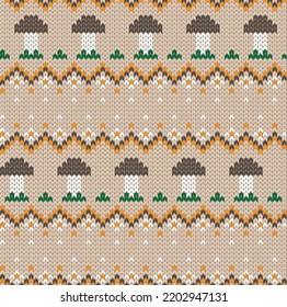 Knit autumn texture with mushrooms. Seamless pattern. Vector illustration.