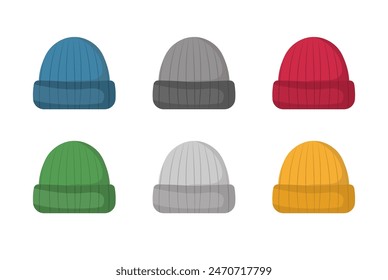 Knit beanie hat vector set, collection of winter cap in several color variations, flat design illustration