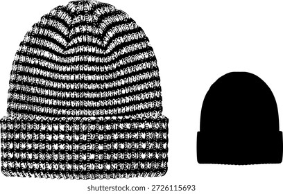 Ícone de gorro de malha definido com texturas com nervuras e estilos listrados ou sólidos para inverno, moda, vestuário e conteúdo de design.