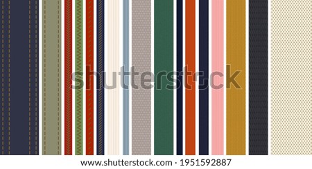 Knit cable decorative textile ribbons set. Soutache style isolated vertical pin stripes seamless vector graphic textured design, beige, grey, black, yellow, pink, green, orange, blue, white, red color Stockfoto © 