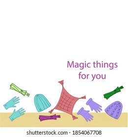 Knit caps and gloves with small folding umbrellas in bright colors. Textured background. Hand drawn vector illustration in doodle style, 10 EPS
