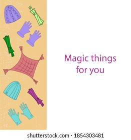 Knit caps and gloves with small folding umbrellas in bright colors. You can easily put your own text. Textured background. Hand drawn vector illustration in doodle style, 10 EPS