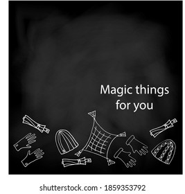 Knit caps and gloves with small folding umbrellas on chalkboard background. You can easily put your own text. Hand drawn vector illustration in doodle style, 10 EPS
