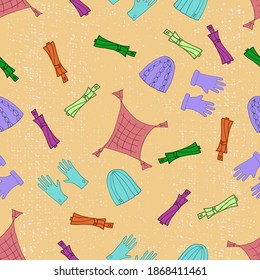 Cuchillos y guantes con paraguas plegables en colores brillantes. Estilo Doodle, fondo de textura amarillo. Patrón sin foco. Ilustración vectorial editable con máscara de recorte, aislada. EPS 10