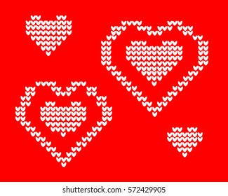 knit card Love. On red background of hearts. Postcard 2017 Valentines day. Vector knit pattern.