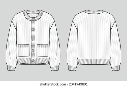 Knit cardigan. Saltador de chaqueta de botón redondo del cuello. Esbozo técnico vectorial. Plantilla de mordaza.