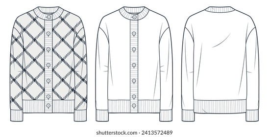 Technische Modeschmuck-Illustration von Knit Cardigan, geplündertes Design. Sweatshirt Mode flach technische Zeichnung Vorlage, rund Hals, Button unten, Front-und Rückansicht, weiß, Frauen, Männer, unisex CAD-Modell-Set.