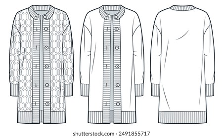 Knit Cardigan technical fashion illustration, cable pattern. Buttoned Cardigan fashion technical drawing template, round neck, relaxed fit, front, back view, white, women, men, unisex CAD mockup set.