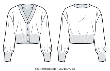 Knit Cardigan technical fashion illustration. V Neck Sweater fashion flat technical drawing template, crop, balloon sleeve, button, relaxed fit, front, back view, white, women, men, unisex CAD mockup.