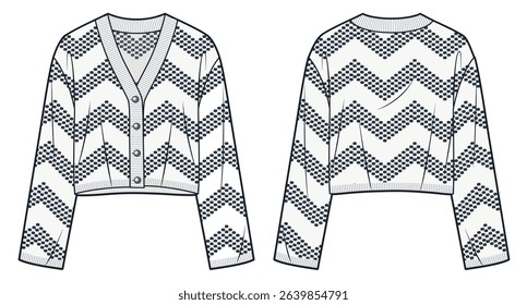 Knit Cardigan technical fashion illustration. V Neck Sweater fashion design, cropped, buttons, relaxed fit, front and back view, geometric pattern, women, men, unisex Top CAD mockup.
