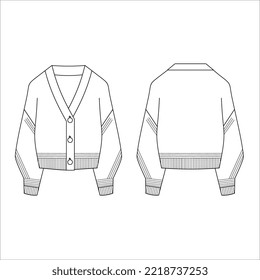 Knit cardigan. Saltador de la chaqueta de botón de cuello v para mujeres. Esbozo técnico vectorial y dibujo