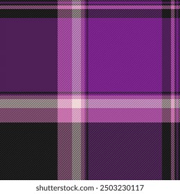 Knit check background texture, lady pattern tartan vector. Detailed fabric seamless plaid textile in purple and black colors palette.