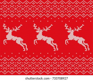 Knit christmas design with deers and ornament. Xmas seamless pattern red background. Knitted winter sweater texture. Vector illustration.