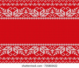 Knit Christmas design. Geometric seamless pattern. Xmas red background with empty space for text. Red knitted sweater texture. Vector illustration.