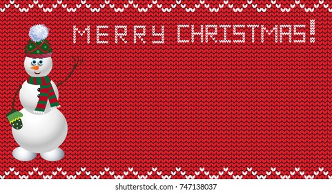 Knit christmas design with snowman. Xmas red background with empty space for text and merry christmas title. Vector illustration, template, framework.