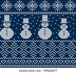 Knit christmas design with snowmen and snowflakes. Geometric knitted seamless pattern. Xmas blue background. Vector illustration.