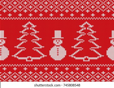 Knit christmas design with snowmen and christmas trees. Geometric knitted seamless pattern. Xmas red background with empty space for text. Vector illustration.