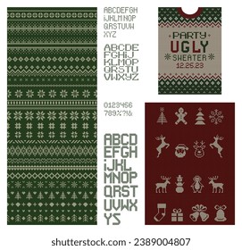 Knit Christmas font. Winter background with Nordic Scandi seamless ornaments and bells, deer, fir trees, snowflakes. Xmas card with invitation to holiday Ugly sweater party. Vector illustration.