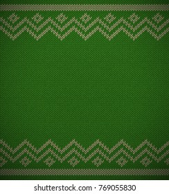 Knit christmas geometric background space for text. Realistic xmas horizontal vector pattern. Knitted winter green sweater texture. Traditional Fair Isle Style ornament. New Year retro Design