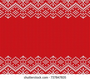 Knit christmas geometric ornament design with empty space for text. Xmas seamless pattern. Knitted winter red color sweater texture. Vector illustration.