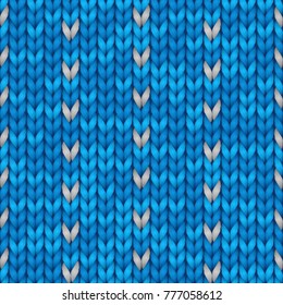 Knit christmas geometric ornament design with empty space for text. Xmas seamless pattern. Knitted winter blue color sweater texture. Vector illustration.