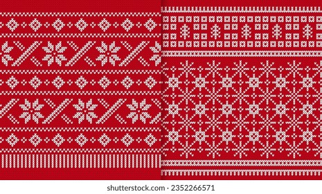 Knit Christmas geometric texture. Seamless pattern with tree and snowflakes. Xmas winter print. Knitted sweater background. Holiday fair isle traditional ornament. Vector illustration.