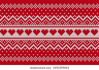 Knit Christmas pattern with hearts. Knitted sweater texture. Xmas seamless background. Festive winter red print. Set of holiday fair traditional ornaments. Vector illustration.