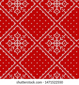 Knit christmas pattern. Knitted seamless print. Vector. Xmas sweater background. Festive winter red texture with snowflakes. Wool pullover illustration. Holiday fair traditional ornament.