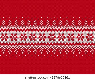 Knit Christmas pattern. Knitted seamless border. Red texture with snowflakes. Fair isle traditional ornament. Xmas print. Holiday background. Festive sweater. Vector illustration.