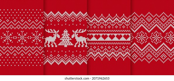 Knit Christmas pattern. Seamless textures. Knitted sweater background. Set Xmas winter geometric prints. Holiday fair isle traditional ornament. Ugly red pullover. Festive crochet. Vector illustration