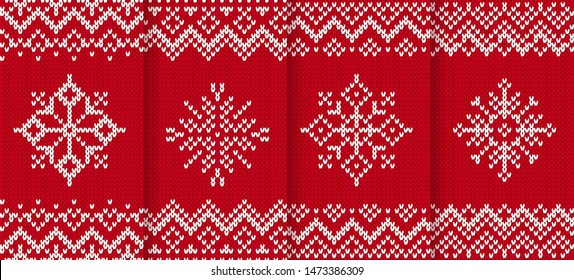 Knit christmas pattern. Xmas seamless background. Vector. Knitted sweater texture. Festive winter red print with snowflake. Set of holiday fair traditional ornaments. Wool pullover illustration.