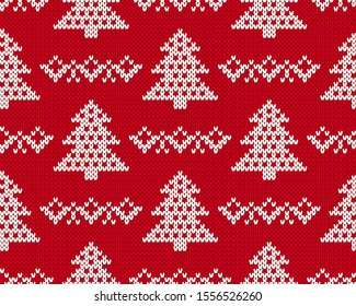 Knit christmas pattern. Xmas seamless background with christmas tree. Vector. Festive winter red texture. Holiday traditional print. Knitted sweater ornament. Wool scandinavian pullover. Illustration.