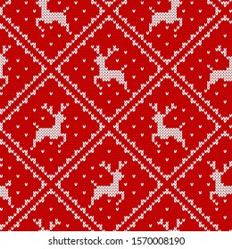 Knit christmas print with reindeer, deer. Xmas seamless pattern . Vector. Knitted sweater background. Holiday winter red texture. Festive traditional ornament. Wool scandinavian pullover illustration.