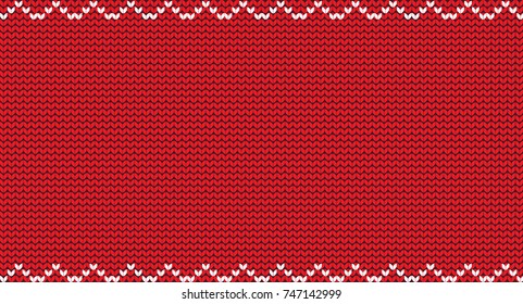Knit christmas red background with empty space for text and white zig zag pattern. Vector illustration, template, border for design.