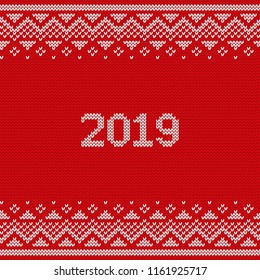 Knit design 2019. Christmas knitting seamless pattern. Vector Xmas and New year red background. Knitted winter texture. Holyday sweater ornaments.