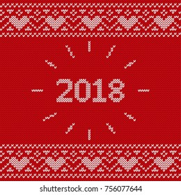 Knit design with inscription 2018. Christmas seamless pattern. Vector Xmas and New year red background. Knitted winter texture. Holyday sweater ornaments.