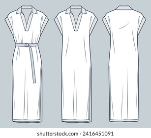 Knit Dress technical fashion illustration. Jersey midi Dress fashion flat technical drawing template, side slit, relaxed fit, polo collar, belt, rib, front and back view, white, women CAD mockup set.