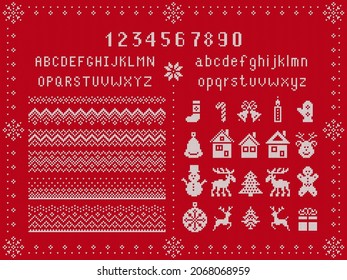 Knit-Elemente und Schriftart. Weihnachts-nahtlose Grenzen. Gewirbeltes Muster. Rote Xmas Textur. Fairisles Ornament mit Typ, Schneeflocken, Hirsch, Glocke, Baum, Schneemann, Geschenkbox. Pullover. Vektorgrafik.