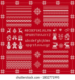 Knit elements and font. Vector. Christmas seamless borders. Knitted pattern. Fairisle ornaments with type, snowflake, deer, bell, tree, snowman, gift box. Sweater print. Xmas illustration. Red texture