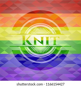 Knit emblem on mosaic background with the colors of the LGBT flag